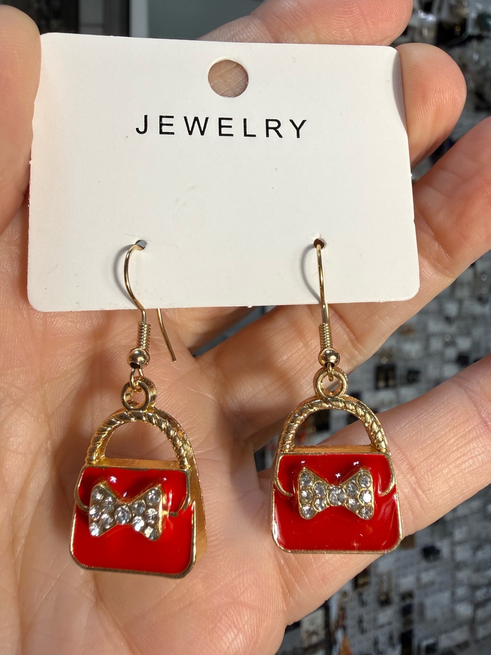 Gold-Tone Red Handbag Drop Earrings with Crystal Bow -